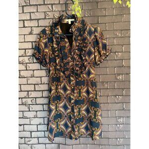 Anthropologie Jenny Han Silk Teal Floral Short Sleeve Ruffle Front Mini Shift Dr